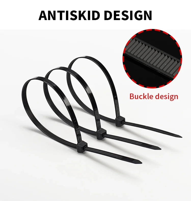 Black heavy-duty nylon cable ties with an antiskid design and buckle feature shown on a white background.