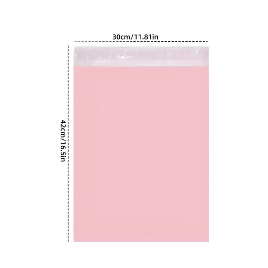 A pink reusable self-sealing packaging bag with dimensions 30cm by 42cm.