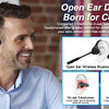A man is smiling while wearing an open ear Bluetooth headset, demonstrating comfort and extended use.