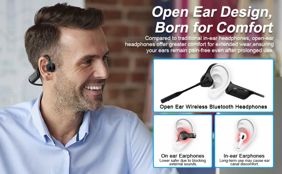 A man is smiling while wearing an open ear Bluetooth headset, demonstrating comfort and extended use.