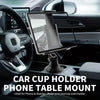 A car cup holder phone table mount with a 360-degree rotating long arm installed in a vehicle interior.