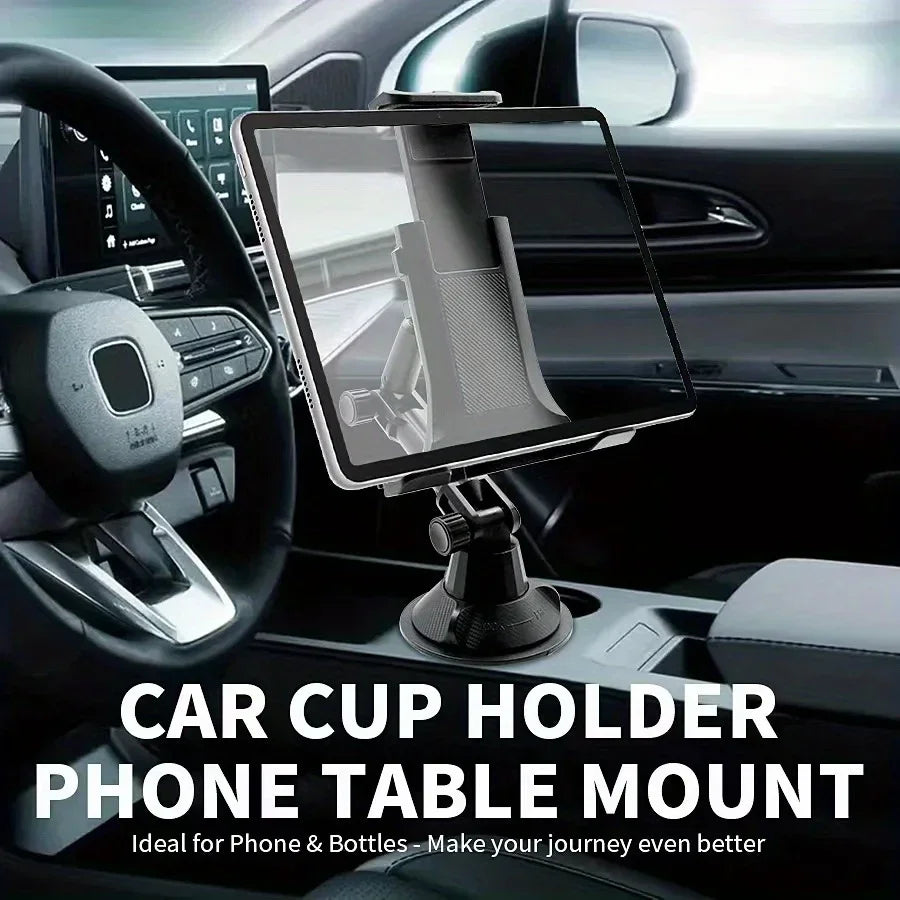 A car cup holder phone table mount with a 360-degree rotating long arm installed in a vehicle interior.