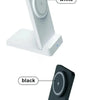 A white magnetic foldable wireless charging stand and a black version are shown, highlighting the product color options.