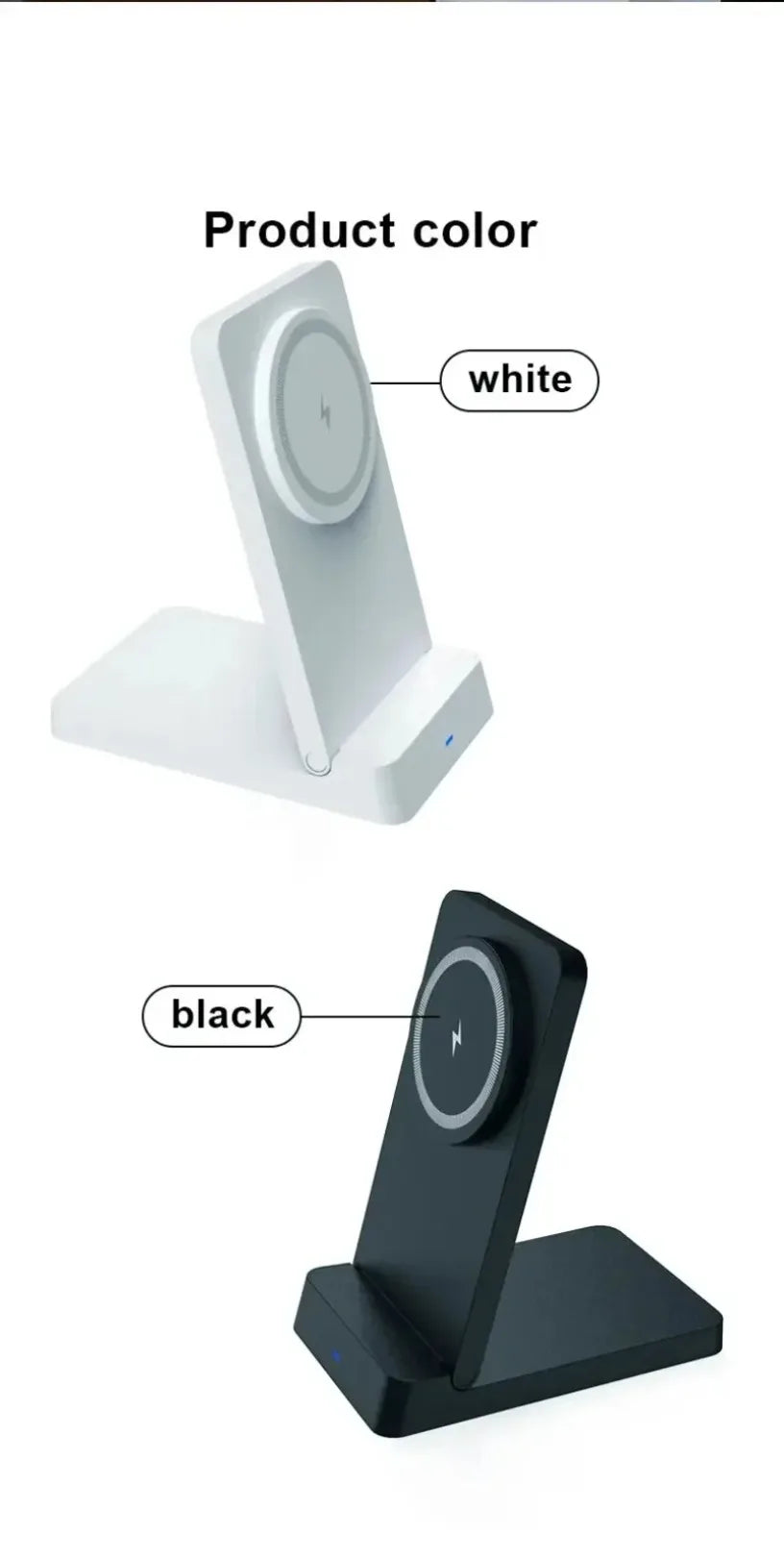 A white magnetic foldable wireless charging stand and a black version are shown, highlighting the product color options.