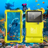 A yellow universal waterproof phone case is shown in an underwater scene with colorful fish and coral.