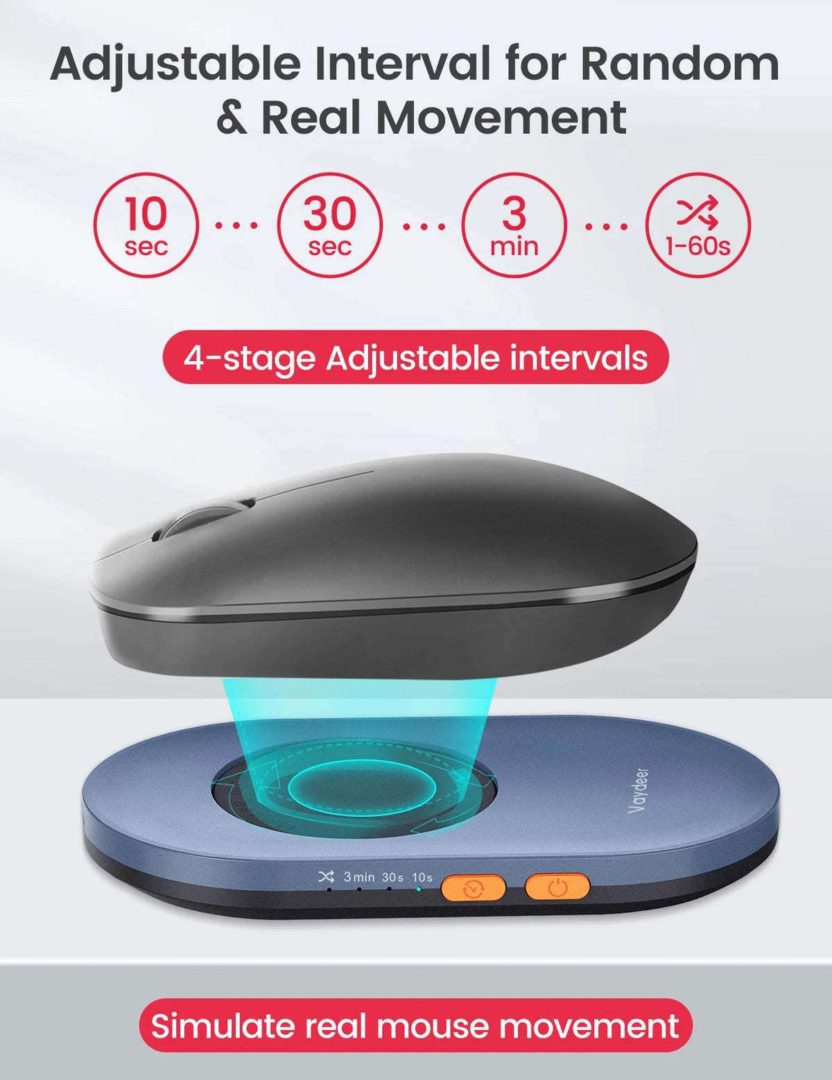 A black ultra-slim mouse mover device is shown with a blue light emitting from its tip, resting on a light blue base.