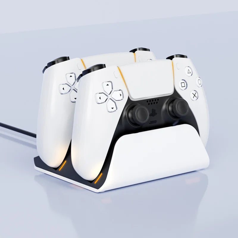 A white Dual PS5 controller charging station with a dock and cable shown on a light gray surface.