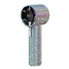A portable handheld cooling fan with a silver and iridescent finish and a digital display.