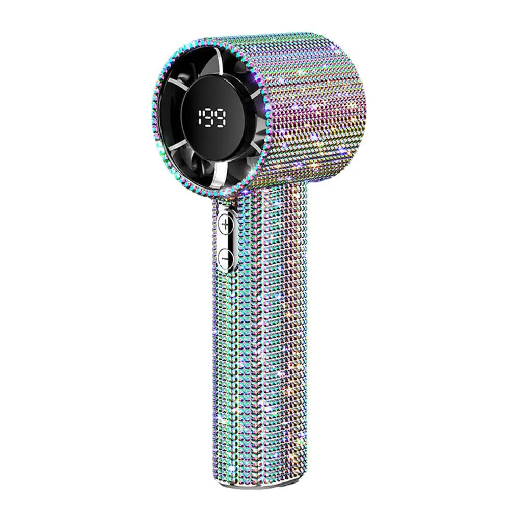 A portable handheld cooling fan with a silver and iridescent finish and a digital display.