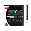 A set of black acrylic brush markers with various colors and tips packaged in a box.