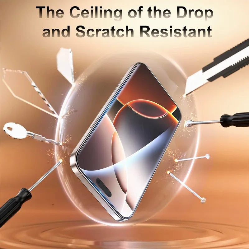 A smartphone is shown protected by a clear film, demonstrating its drop and scratch resistance.