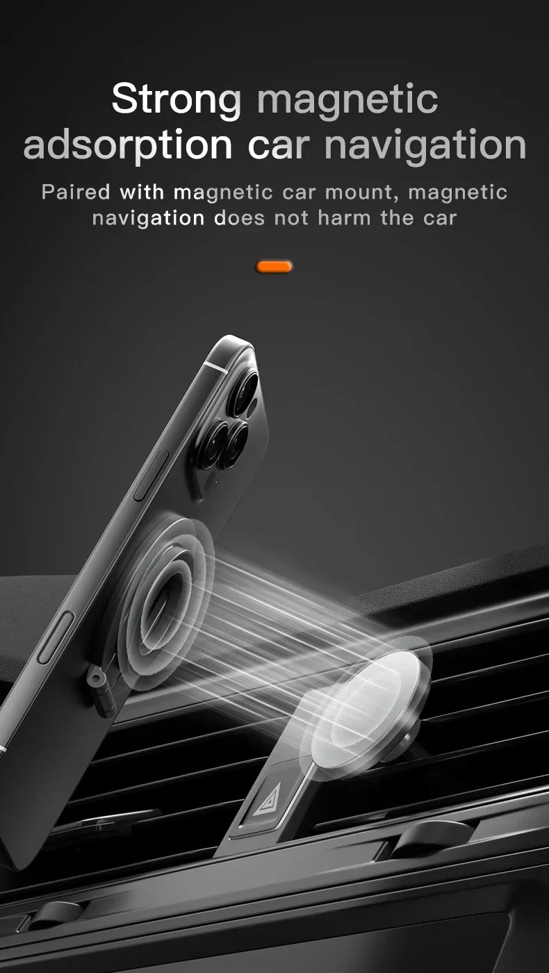 A phone is mounted on a magnetic car mount, showing strong magnetic adsorption for navigation.