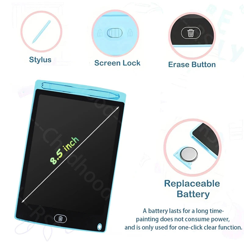 An 8.5 inch LCD writing tablet shows various features like a stylus, screen lock, erase button, and a replaceable battery.