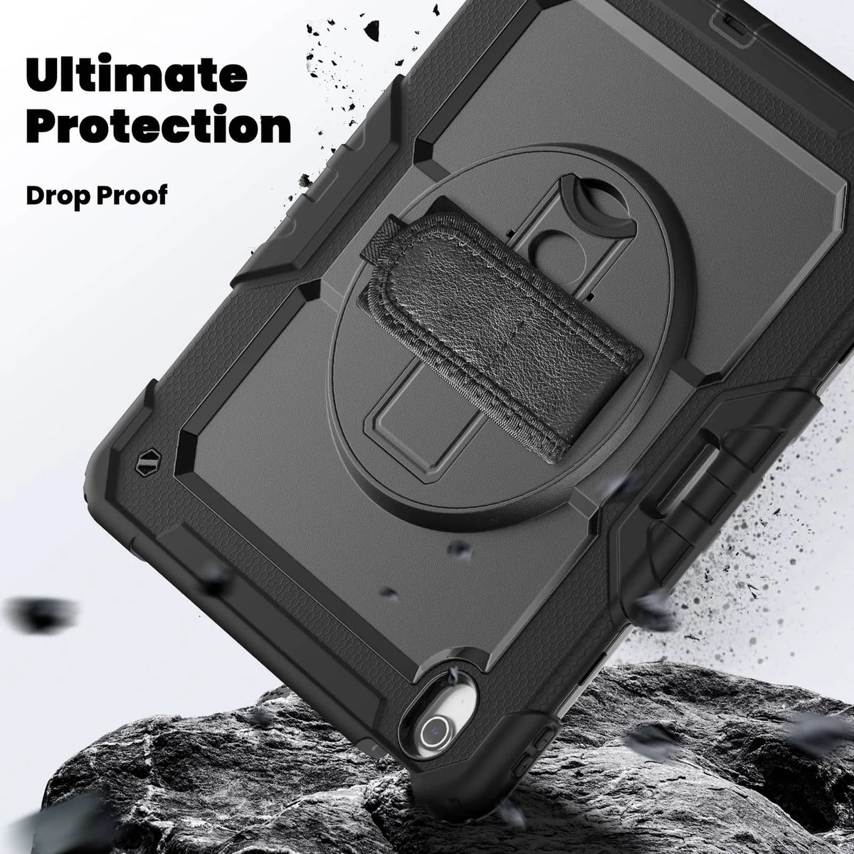 A heavy duty shockproof iPad case is shown being dropped onto a rock, demonstrating its protection features.