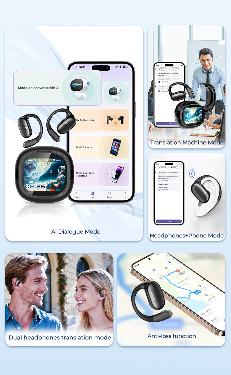 A collection of features for True Wireless Bluetooth Earphones with AI Translation, including dialogue mode and anti-loss fun
