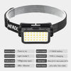 A black LED headlamp with a light tape and battery, featuring induction mode, conventional mode, and Type-C charging.