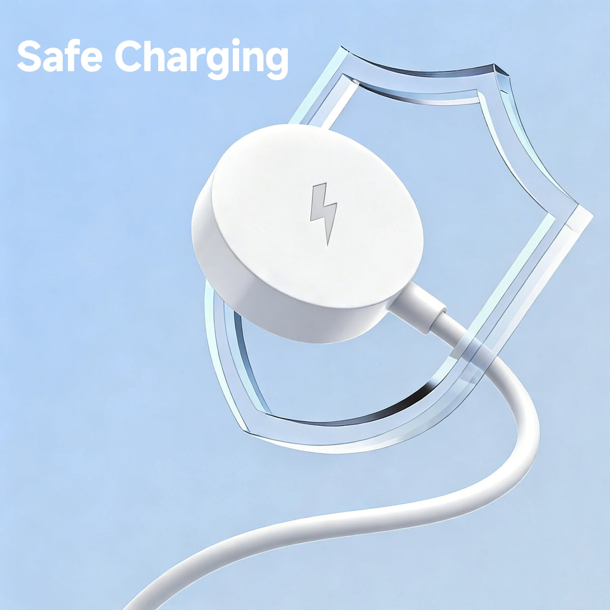 A white magnetic wireless charging cable with a charging puck is shown against a light blue background.