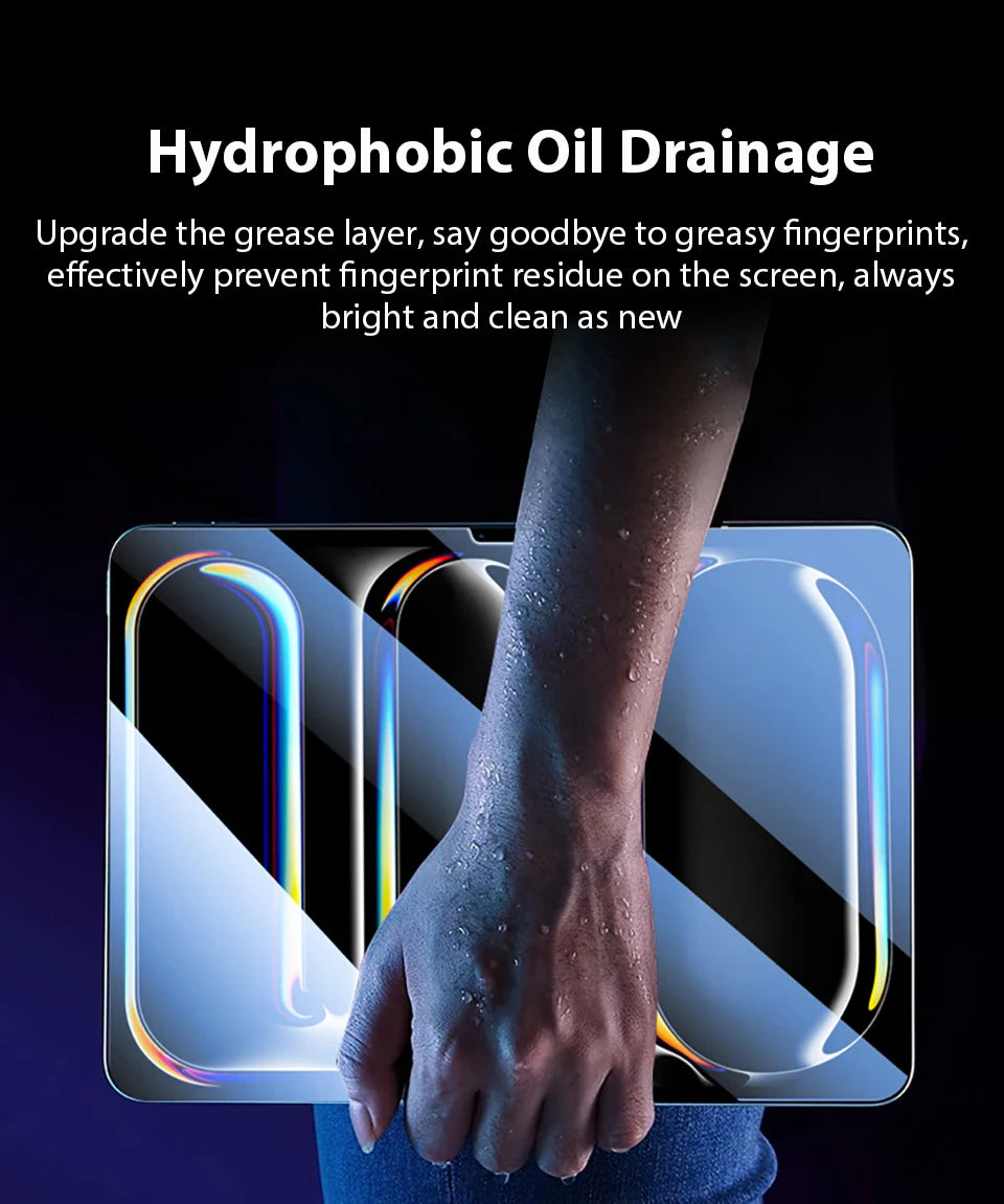 Una mano aplica aceite hidrofóbico de drenaje a un protector de pantalla de iPad, mostrando la función del producto.