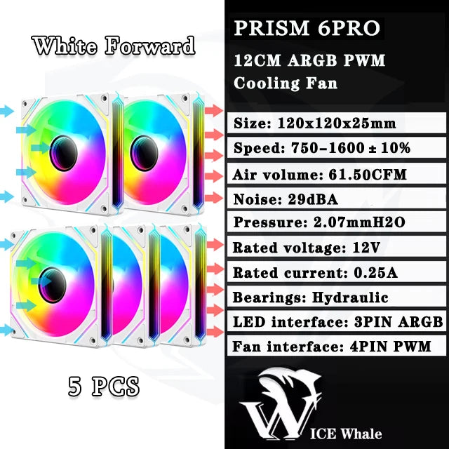 مروحة تبريد بيضاء (Forward Prism 6PRO) بحجم 12 سم مع إضاءة ARGB و PWM ومحامل