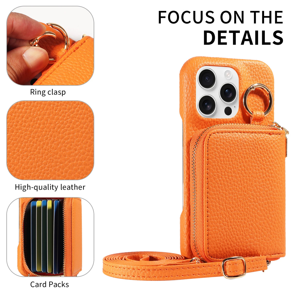 Orange PU leather phone case featuring a ring clasp, wallet, and card slots.