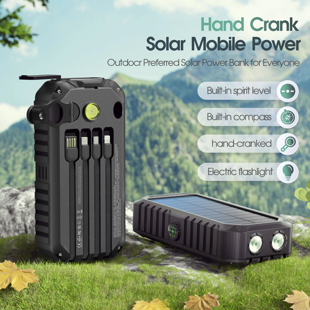 A black hand crank solar power bank with built-in spirit level, compass, and electric flashlight is shown outdoors.