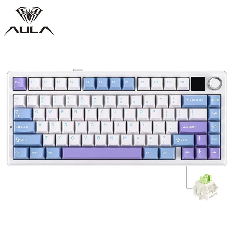 White mechanical keyboard featuring a full layout and a small TFT display, shown with its disassembled keycap.