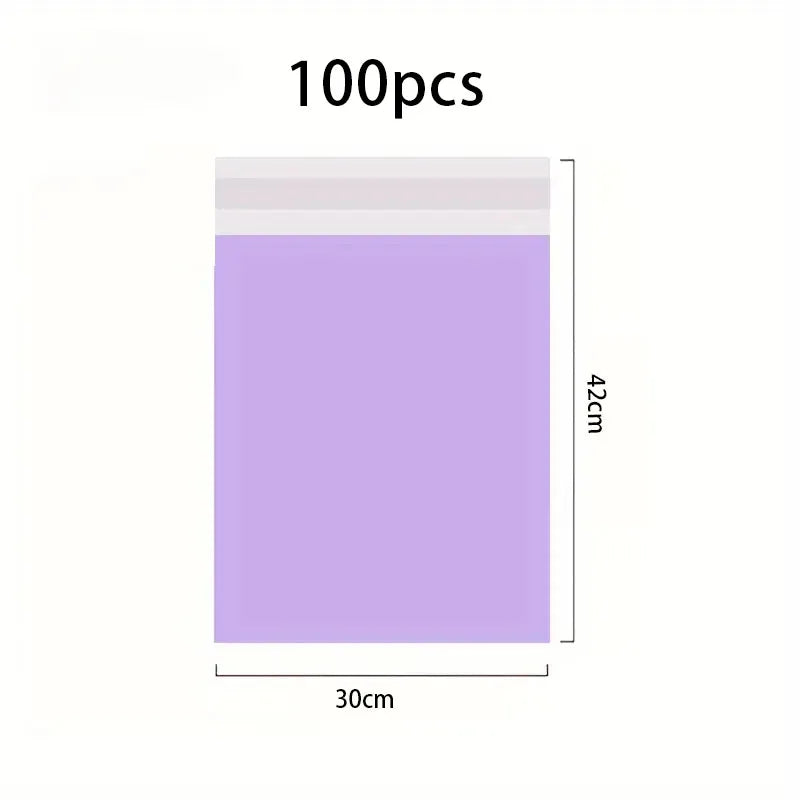 A white self-adhesive courier mailer bag with a lavender or light purple interior visible.
