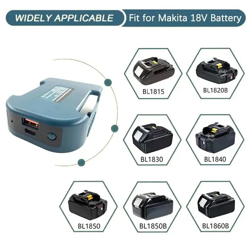 A collection of various Makita 18V battery adapters including BL1815, BL1820B, BL1830, BL1840, BL1850, BL1850B, and BL1860B.