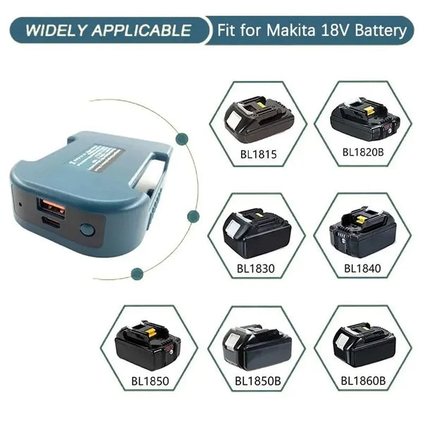 A collection of various Makita 18V battery adapters including BL1815, BL1820B, BL1830, BL1840, BL1850, BL1850B, and BL1860B.