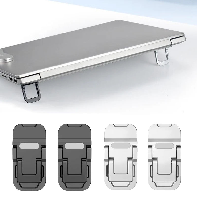 A silver portable aluminum alloy laptop stand shown in multiple views.