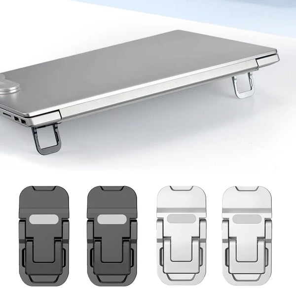 A silver portable aluminum alloy laptop stand shown in multiple views.