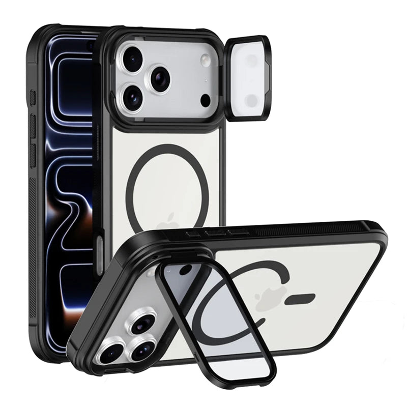 A magnetic shockproof iPhone case showing the back and a detached camera lens protector.
