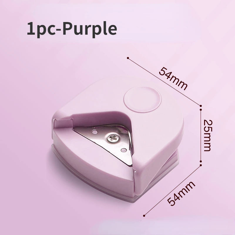 A purple precision corner cutter tool shown from above, highlighting its dimensions.
