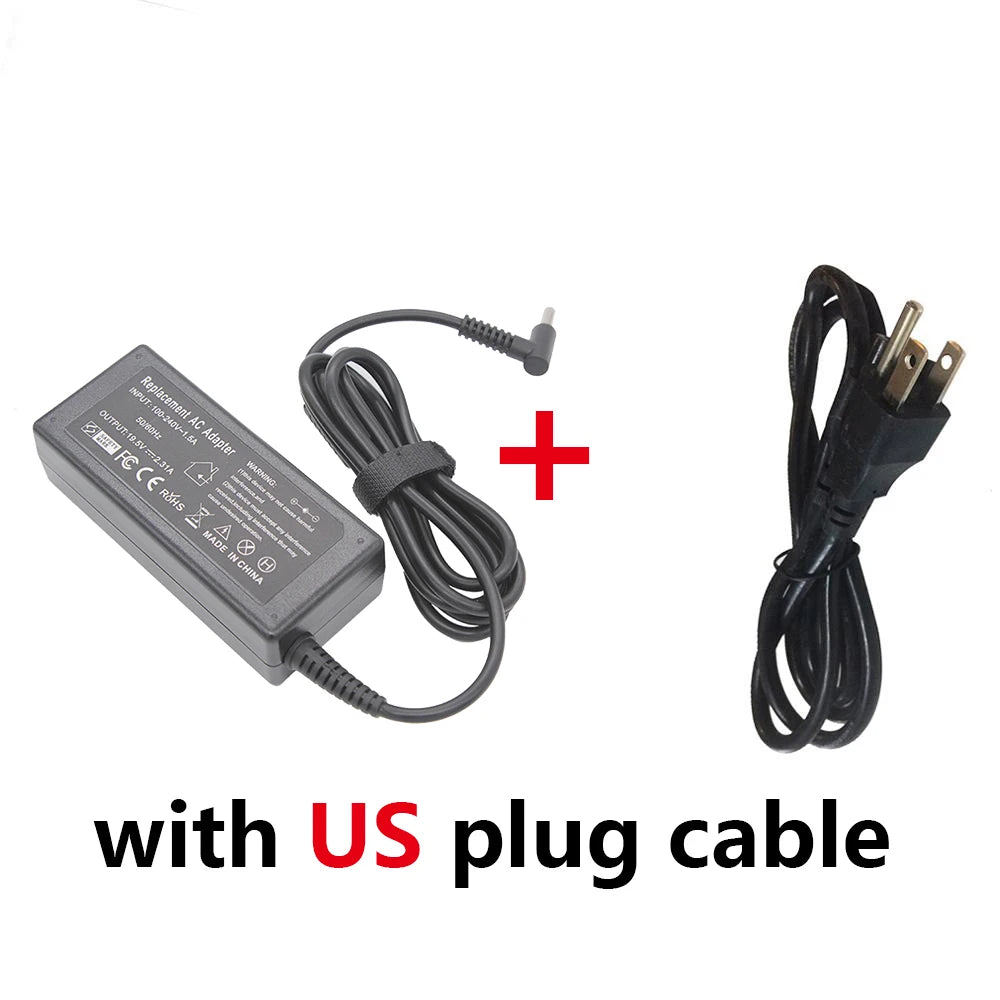 A black laptop charger adapter with a US plug cable and power cord.