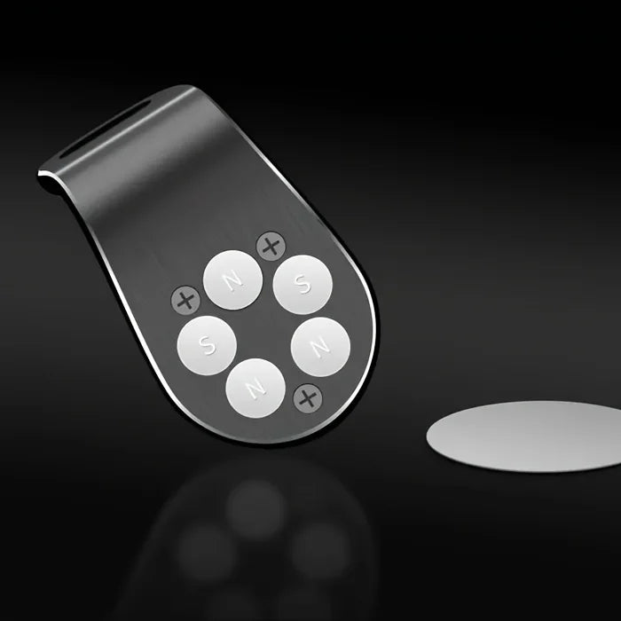 A silver magnetic car air vent phone mount with five circular magnetic pads.