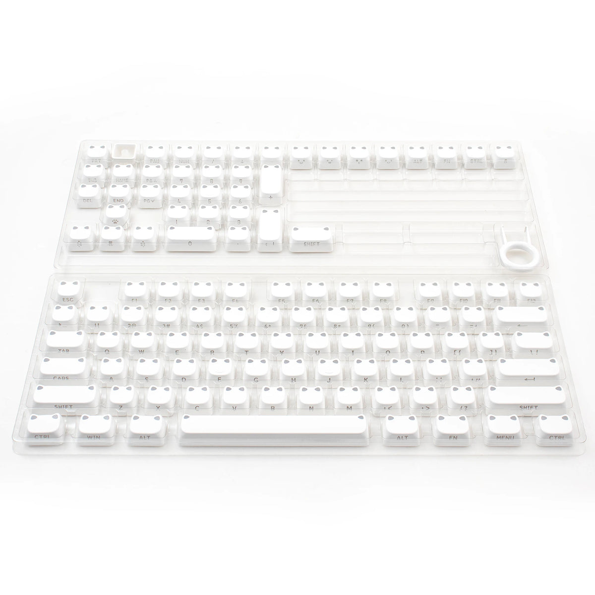 Weißes Set süßer Katzen-Keycaps für mechanische Tastaturen auf weißem Hintergrund.