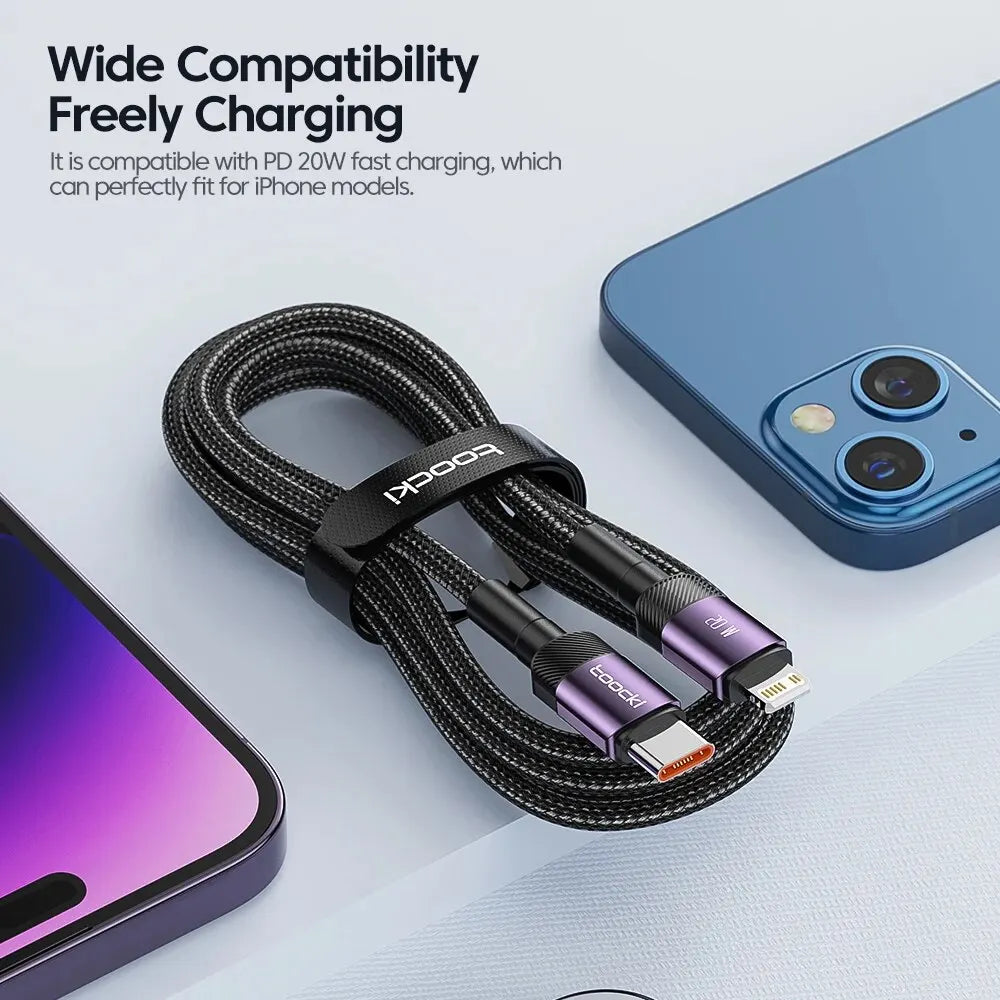 A black braided 20W PD fast charging cable is shown next to a blue smartphone, illustrating wide compatibility for charging.