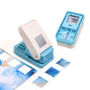 A white embossing punch machine with a blue holder and several small silver embossing stamps.