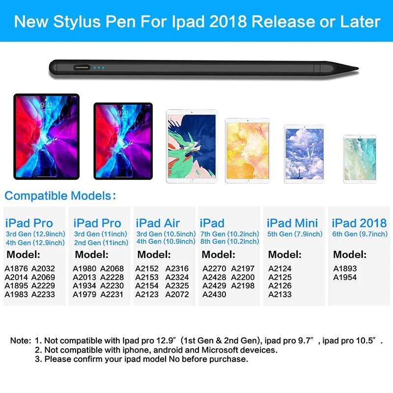 Black stylus pen for iPad, compatible with various models including iPad Pro and iPad Air.