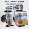 A clamp-style wall mount stand for tablets and smartphones, showing compatibility with various sized devices.