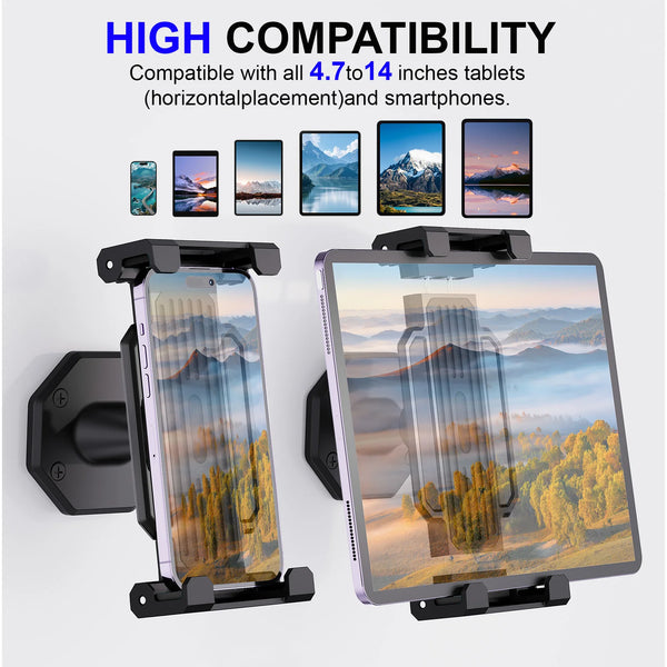 A clamp-style wall mount stand for tablets and smartphones, showing compatibility with various sized devices.