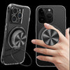 A hand holds a clear smartphone case featuring a magnetic ring holder and stand with a universal adapter.