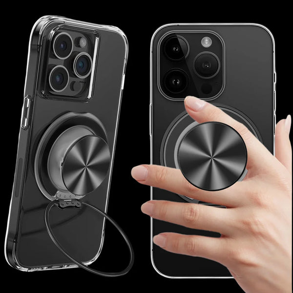 A hand holds a clear smartphone case featuring a magnetic ring holder and stand with a universal adapter.