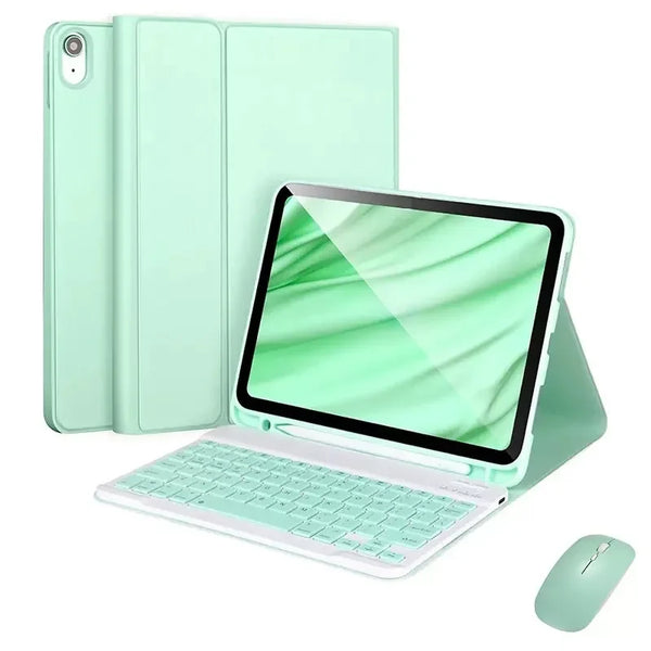 A light mint green premium leather case for an iPad 11th Gen with a Bluetooth keyboard and mouse.