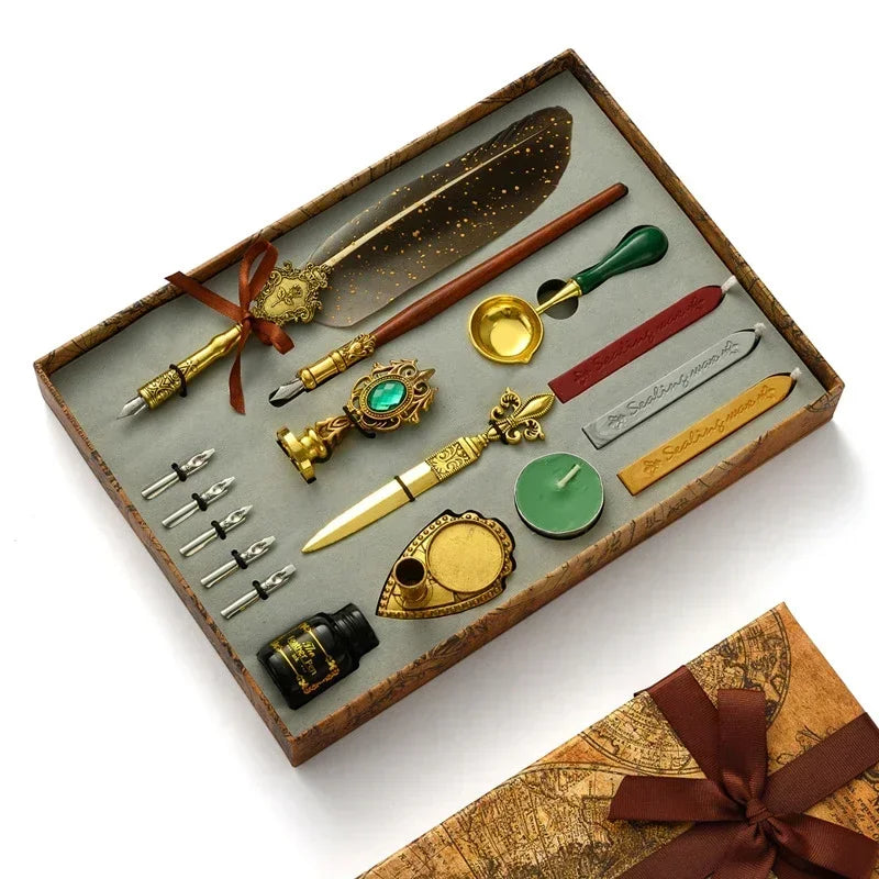 A luxury fountain pen set with a wax seal kit displayed in a wooden box.