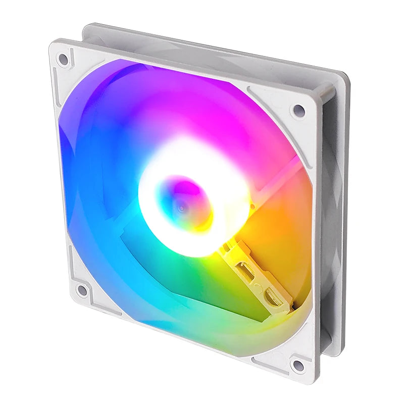 A white computer case cooling fan with a colorful, multi-colored LED light visible through the fan grille.
