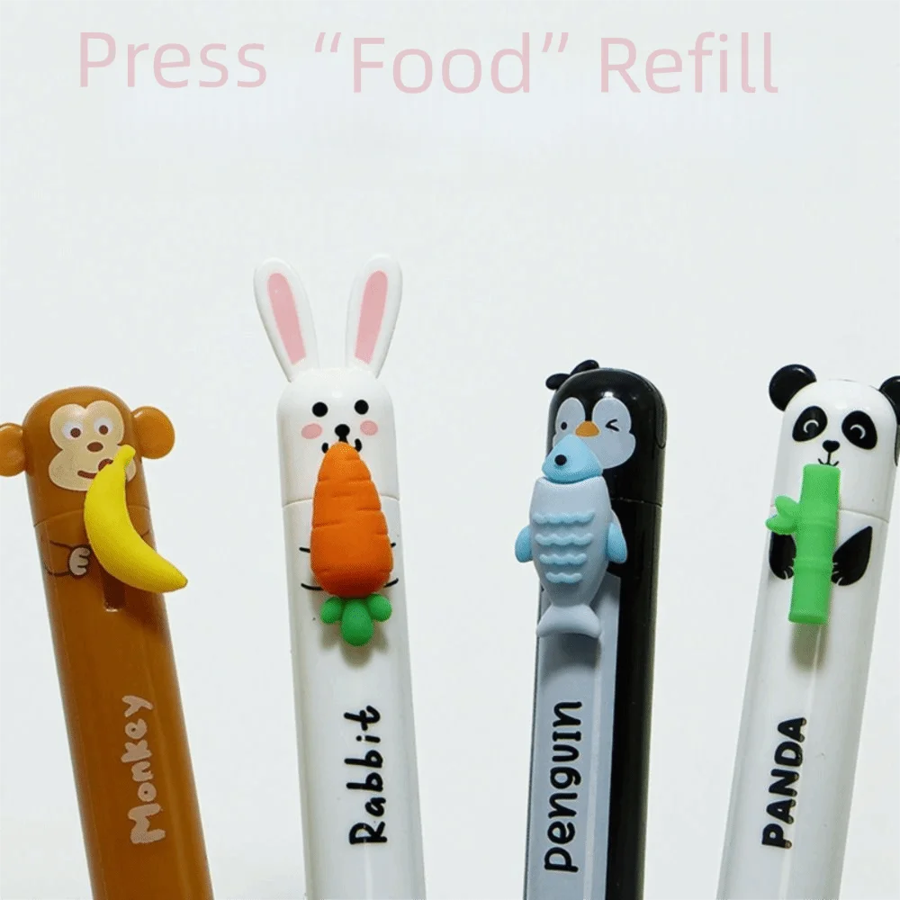 A set of six cute animal-themed erasable gel pens featuring a monkey, rabbit, penguin, and panda.