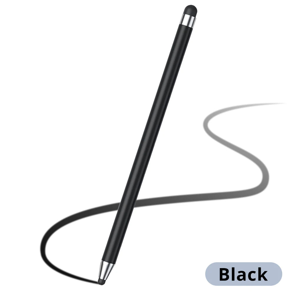 A black precision capacitive stylus pen shown diagonally with a curved line beneath it.