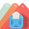A blue corner rounder punch with R10, R7, R4, and R7mm markings is shown against colored cardstock.