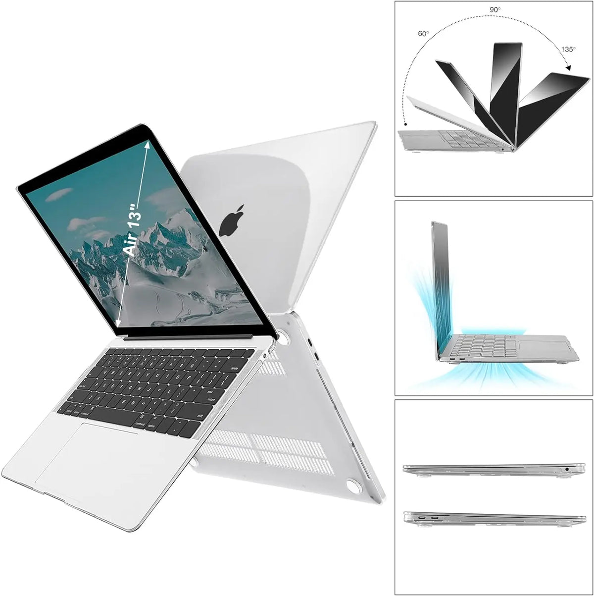 A white MacBook Air 13 inch with a crystal clear hard shell case shown open and closed, along with diagrams of the case desig